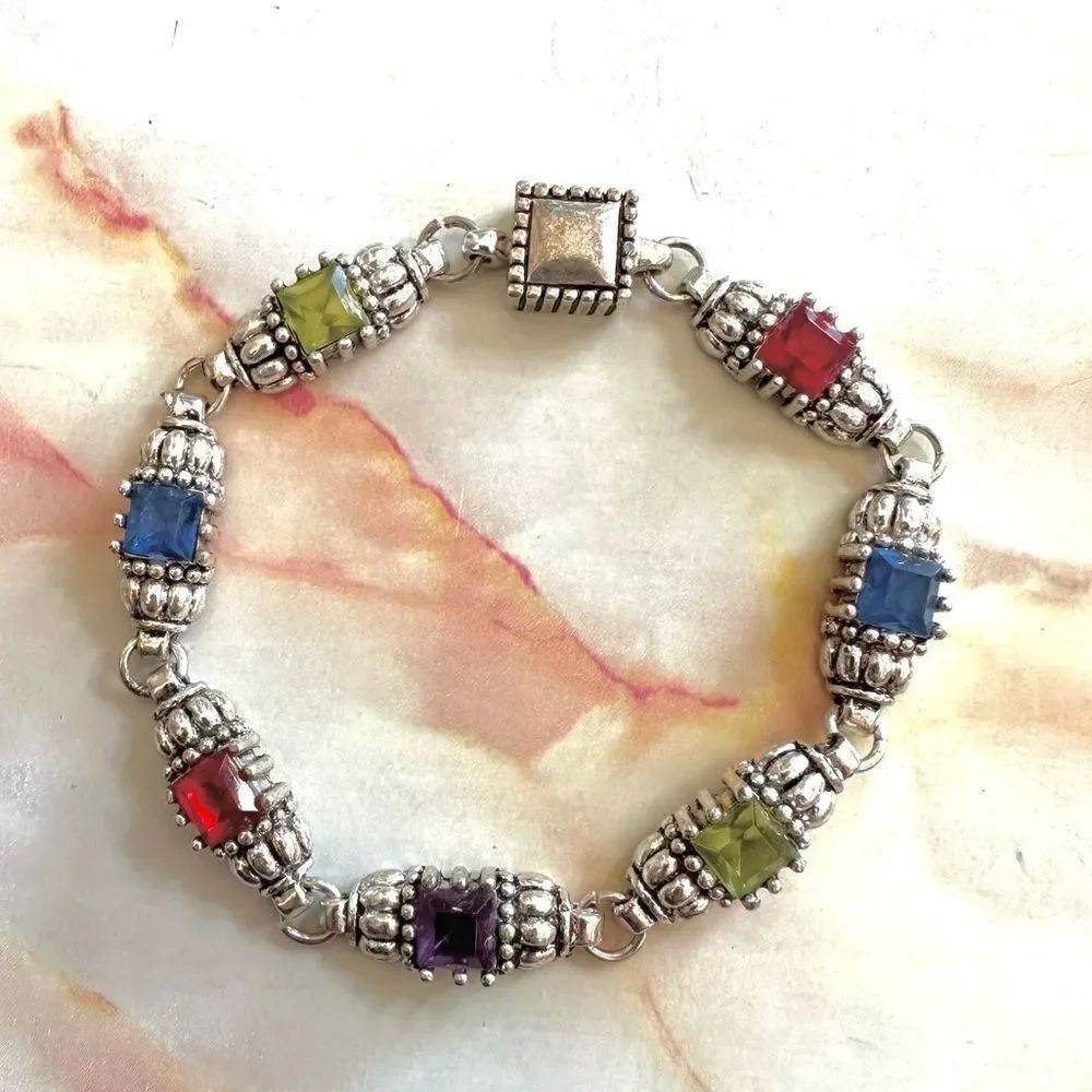 Silver tone multi colored rhinestone bracelet